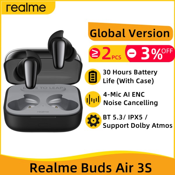Nuevo TWS Realme Air 3S Version Global, Cascos Inalambricos Con Bluetooth 5,3, AI, ENC, Cancelacion De Ruido, Bateria De 30 Horas De Duracion, IPX5