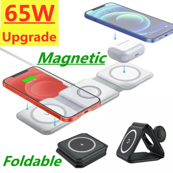 Nuevo Inalambrico Magnetico 3 En 1, Soporte De Almohadilla Para IPhone 14, 13, 12, 11 Pro, Airpods, IWatch, Qi, Estacion De Carga Rapida, 65W