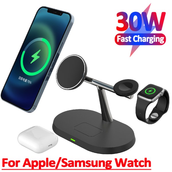 Nuevo Inalambrico Magnetico 3 En 1, 30W, Carga Rapida Macsafe Para IPhone 13 14 Pro Max Samsung Apple Watch Airpods Pro Station